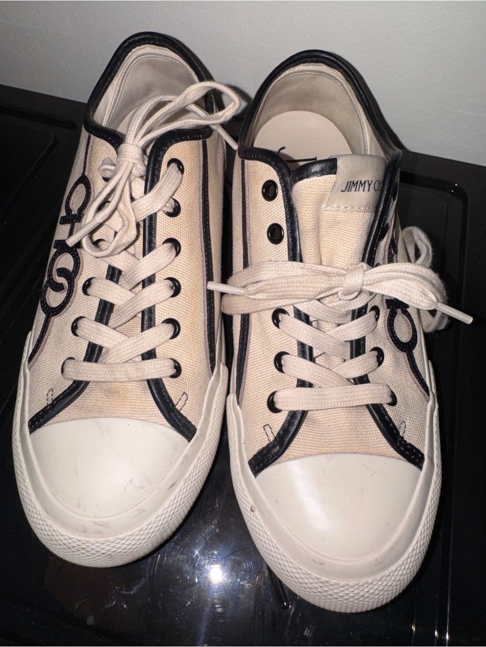 Jimmy Choo Beige and Black Canvas Low-Top Sneakers